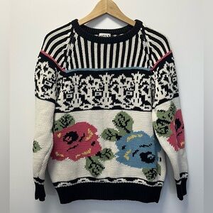 Vintage 90’s Chunky Knit Cotton Sweater Floral and Stripes - Oversized Small